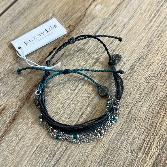 Pura Vida Bracelet Bundle Silver Green Blue Brown Chain Seed Bead Teal Set Rare - Picture 1 of 6